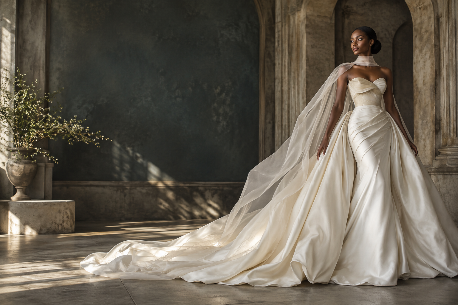 Bridal concept: an ivory sculptural gown with an organza cape and sweeping train.