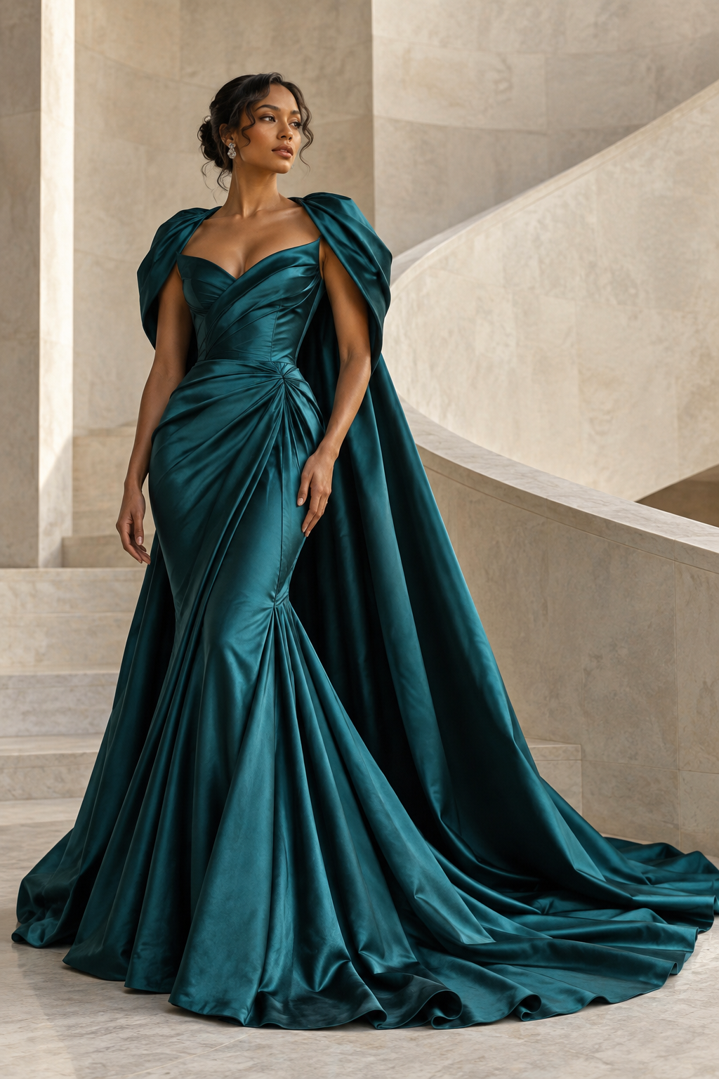 Eveningwear concept: a peacock teal gown with a dramatic cape and draped silk train.